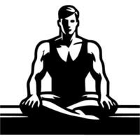 Sport emblem of gymnast man sits in cross legged position, stretching and breathing exercises in monochrome. Engraving minimalistic image in black ink drawing on white background vector