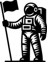 Sketchy cosmic emblem of astronaut discoverer holds flag to be planted on surface of new planet in monochrome. Engraving minimalistic image in black ink drawing on white background vector
