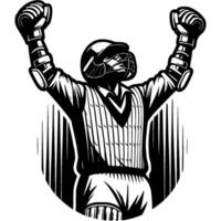 Cricketer in protective gear raises his arms in victory in monochrome. Simple minimalistic image in black ink drawing on white background vector