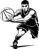 Sketchy sport emblem of athlete basketball player reaching for difficult ball front view close up in monochrome. Engraving minimalistic image in black ink drawing on white background vector