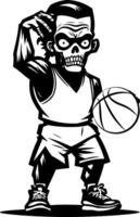 Sketchy sport Zombie basketball player with a ball in his hands in monochrome. Engraving minimalistic image in black ink drawing on white background vector