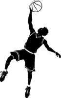 Sketchy sport emblem of male basketball player in basketball uniform reaching for ball in jump in monochrome. Engraving minimalistic image in black ink drawing on white background vector
