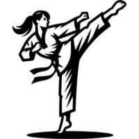 Sport emblem of female karateka kicks up in splits in monochrome. Engraving minimalistic image in black ink drawing on white background vector