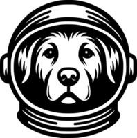 Sketchy cosmic emblem of dog researcher of the space agency in monochrome. Engraving minimalistic image in black ink drawing on white background vector