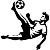 Tattoo emblem of professional football player swings his arm to kick a flying ball while falling in monochrome. Engraving minimalistic image in black ink drawing on white background vector