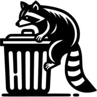 Raccoon thief steals food scraps from trash can in monochrome. Engraving minimalistic image in black ink drawing on white background vector