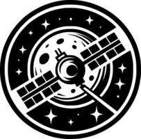 Sketchy cosmic emblem of space satellite flying around the moon in monochrome. Engraving minimalistic image in black ink drawing on white background vector