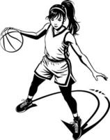 Sketchy sport emblem of girl basketball player from high angle camera in monochrome. Engraving minimalistic image in black ink drawing on white background vector