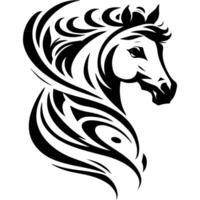 Tattoo emblem of head of beautiful graceful horse on a slender muscular neck in monochrome. Engraving minimalistic image in black ink drawing on white background vector