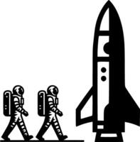Sketchy cosmic emblem of a group of astronauts walks around a rocket standing on the launch pad in monochrome. Engraving minimalistic image in black ink drawing on white background vector