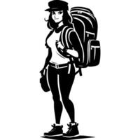 Sketchy sport emblem of attractive tourist waiting for the expedition to start in monochrome. Engraving minimalistic image in black ink drawing on white background vector