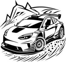Sketchy sport emblem of racing car on a turn of a gravel track in monochrome. Engraving minimalistic image in black ink drawing on white background vector