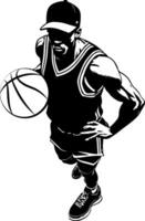 Sketchy sport emblem of basketball player with ball in hands and baseball cap on head high angle camera view in monochrome. Engraving minimalistic image in black ink drawing on white background vector