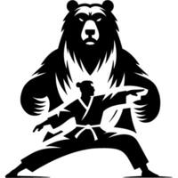 Sport emblem of bear style kung fu master in monochrome. Engraving minimalistic image in black ink drawing on white background vector