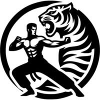 Sport emblem of Kung Fu Master Tiger Style in monochrome. Engraving minimalistic image in black ink drawing on white background vector