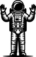Sketchy cosmic emblem of Friendly astronaut greeting with raised hands in monochrome. Engraving minimalistic image in black ink drawing on white background vector