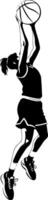 Sketchy sport emblem of female basketball player jumping with ball side view in monochrome. Engraving minimalistic image in black ink drawing on white background vector
