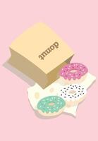 Three doughnut in paper bag design mint, tiramisu, and strawberry donut illustration editable for use vector