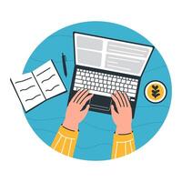 Person Working On Laptop With Coffee And Notebook vector