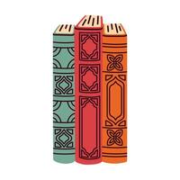 Set of vintage books with ornate covers in green, red, and orange. Perfect for themes of education, literature, libraries, and reading. Ideal for school projects, book clubs, or study concepts. vector