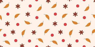 A cozy autumn pattern design featuring orange leaves, star anise, and red berries on a beige background. Thanksgiving Day. Autumn design for seasonal decor, wrapping paper, and textile projects. vector