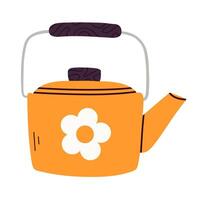 Autumn vintage yellow teapot with a white flower design on the side. Isolated on white background. The teapot features a dark handle and spout. Retro style. Perfect for cozy kitchen-themed designs. vector