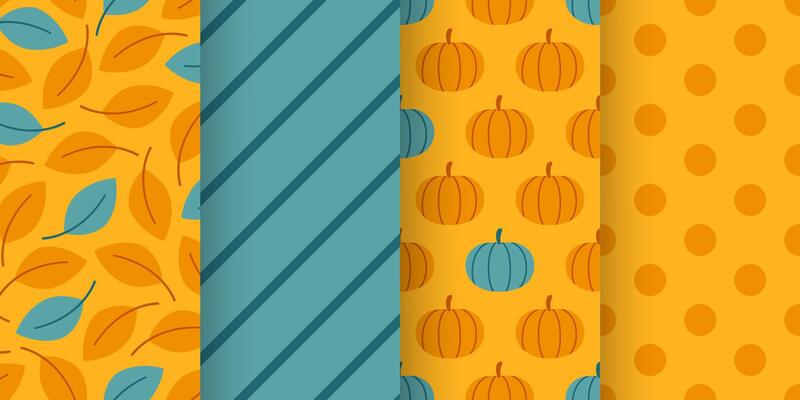 Autumn pattern set features pumpkins, leaves, stripes, and polka dots in warm orange and blue tones. Thanksgiving Day. Perfect for seasonal designs, textiles, wrapping paper, and full illustrations.