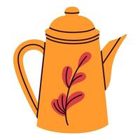 Autumn vintage yellow teapot with a red branch. Isolated on white background. The teapot features a dark handle and spout. Retro style. Perfect for cozy kitchen-themed designs. vector