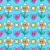 Seamless Pattern of Retro 90s style elements. Daisy Flowers, Hearts with Eyes and Smiles Background. vector