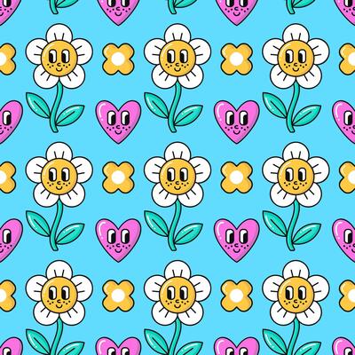 Seamless Pattern of Retro 90s style elements. Daisy Flowers, Hearts with Eyes and Smiles Background.