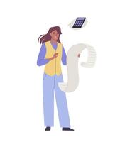 Woman hold long paper document and count with calculator. Concept of shopping list, bill to pay, long bill of invoice, financial literacy, accounting. Flat illustration character vector