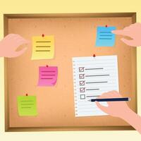 Bulletin Board wooden frame schedule Grain texture, sticky notes, paper, wall schedule wit hands vector