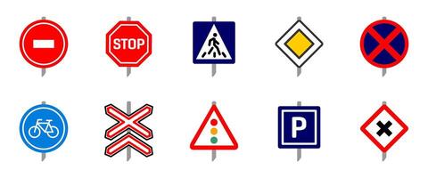 Traffic signs colored icon set. Stop, speed limit, crosswalk and railway crossing post signs. Road safety and regulation illustration. Direction, caution and control sign colorful collection vector