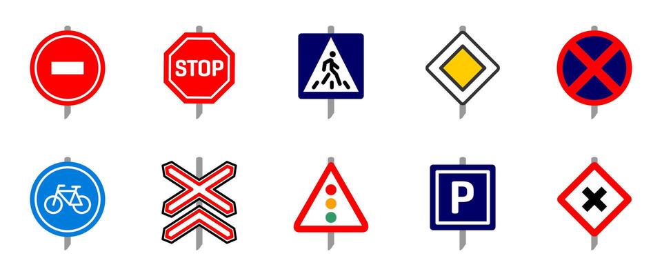 Traffic signs colored icon set. Stop, speed limit, crosswalk and railway crossing post signs. Road safety and regulation illustration. Direction, caution and control sign colorful collection