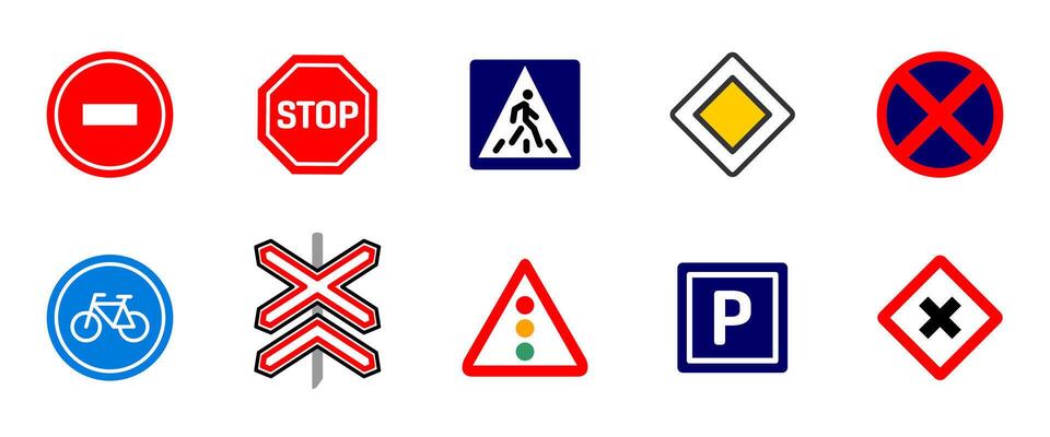 Road signs colored icon set. Pedestrian crosswalk, stop, railway crossing and main route illustration collection. Directive, caution and alert pictogram. Highway traffic control colorful symbol