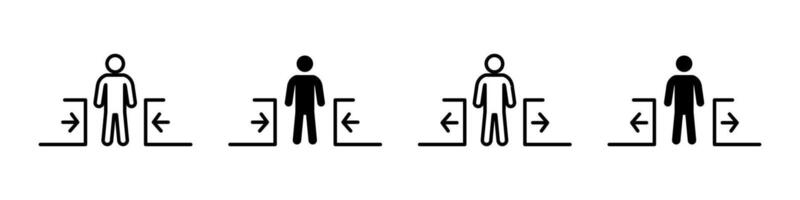 Entry and exit icon. Human figure between directional arrows pointing in and out illustration. Wayfinding symbol for access control and navigation. Entrance and departure zone pictogram. vector