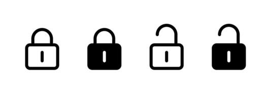 Lock icon. Closed and open padlock symbols representing secured and unsecured states illustration. Privacy and access control interface element symbol. Data security sign. Encryption pictogram. vector