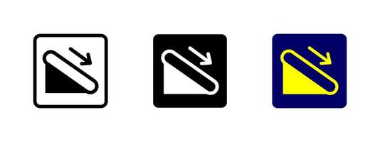 Escalator down icon. Downward moving escalator with arrow indicating direction illustration. Indoor transportation and facility navigation symbol. Public space access sign. Building mobility. vector