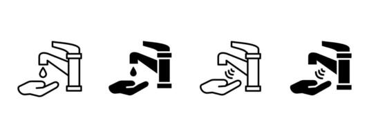 Hand icon. Palm under water stream from automatic faucet illustration. Touchless hygiene technology for clean handwashing symbol. Sensor-activated tap sanitation sign pictogram. vector