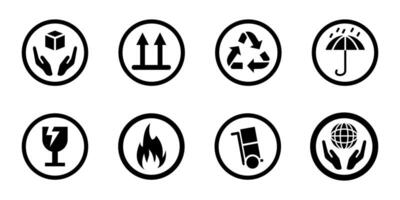 Package labels icon set. Fragile, handle with care and this side up black symbols. Shipping and delivery illustration. Logistics and storage concept sign. Parcel handling glyph pictogram. vector