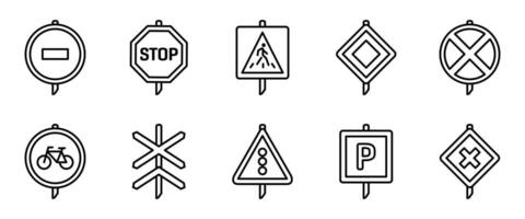 Traffic signs line icon set. Stop, speed limit, crosswalk and railway crossing post pillar signs. Road safety and regulation illustration. Direction, caution and control sign outline collection vector