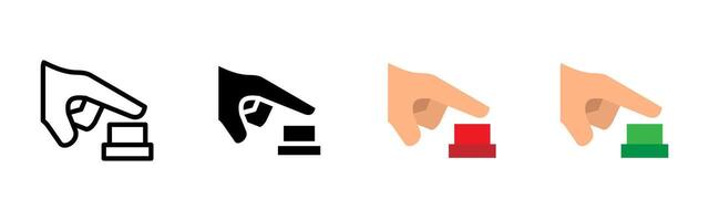 Hand button icon. Finger pressing red and green push buttons illustration. Control panel interaction and emergency action symbol. Power switch and signal command sign. vector
