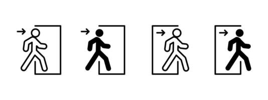 Exit icon. Person walking through doorway with arrow pointing right illustration. Emergency evacuation route symbol for safety signage. Directional access and escape path sign. vector