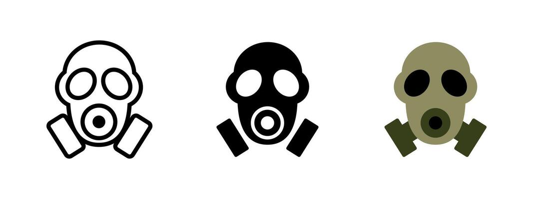 Gas mask icon. Protective face gear with dual filter cartridges and circular eye lenses illustration. Used in chemical safety, military defense, and hazardous environments.