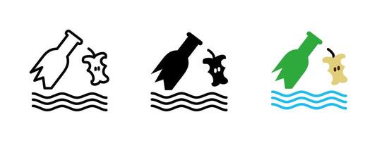 Pollution icon. Broken bottle and apple core floating in water illustration. Marine debris and ocean waste symbol. Environmental contamination and eco damage sign. vector