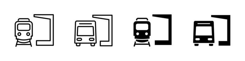 Train station icon. Train and bus standing next to a sheltered stop illustration. Public transportation waiting area symbol. Commute and vehicle service point sign. Travel depot pictogram. vector