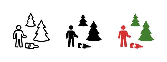 Pollution icon. Person standing near pine trees with litter on the ground illustration. Human impact on forest environment symbol. Ecological awareness and waste problem pictogram. vector