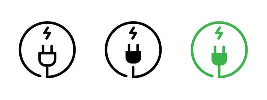 Electricity icon. Power plug with cable and lightning bolt illustration. Energy source and electrical connection symbol. Charging station and outlet use sign. Power pictogram. vector