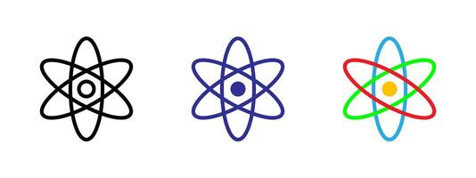 Atom icon. Simplified atomic structure with nucleus and orbiting electrons illustration. Scientific representation of nuclear and molecular physics concept. Energy and research model symbol. vector