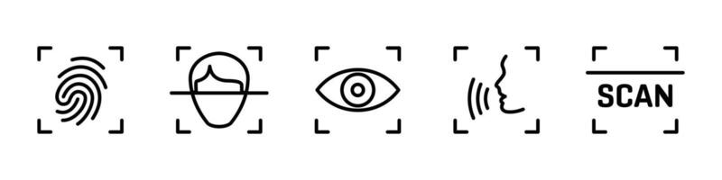 Set of biometric scanning icons. Fingerprint, face, iris and voice scan illustration. Identity recognition and secure access symbol. Digital verification sign. Biometric scan pictogram. vector